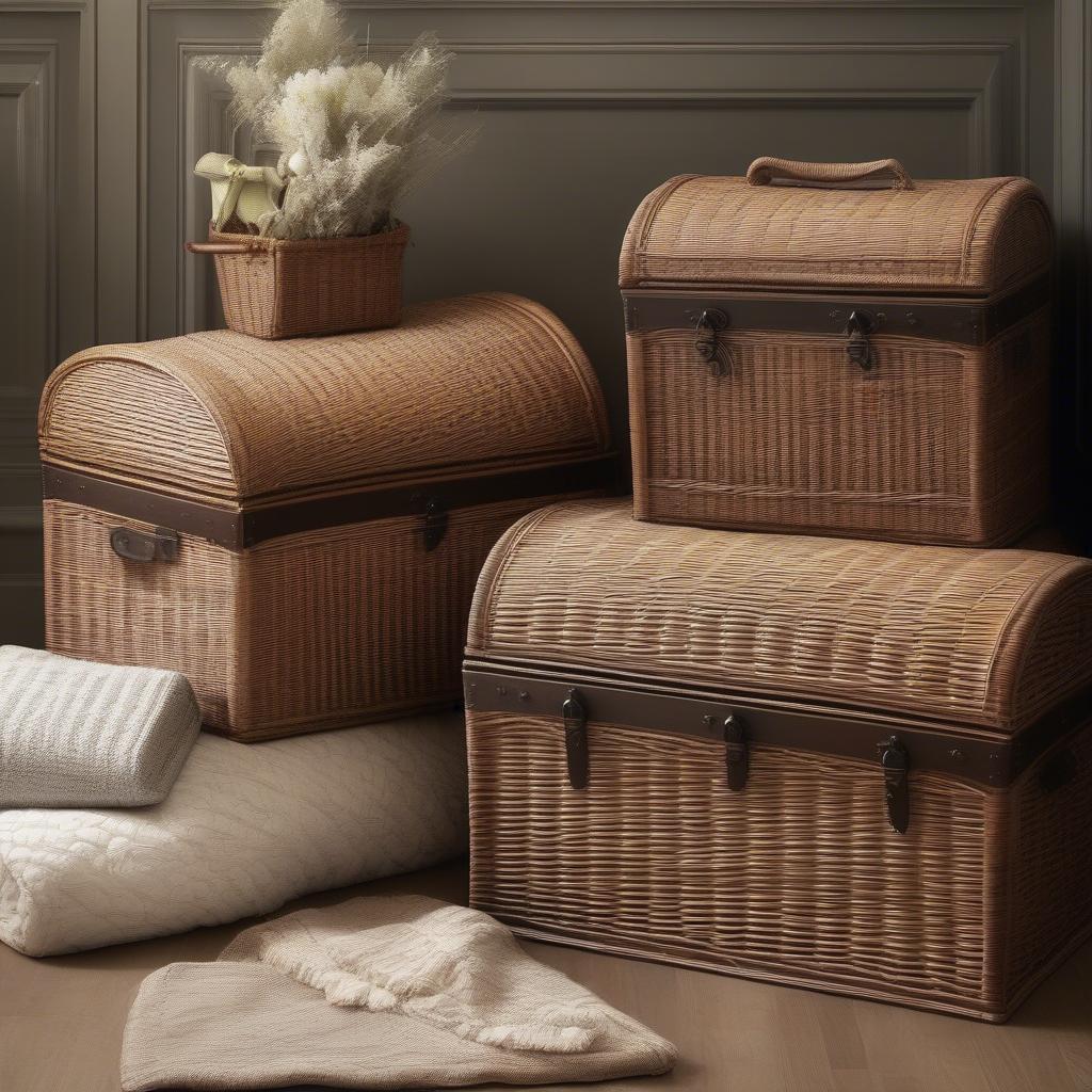 Comparison of different sizes of domed wicker storage trunks.