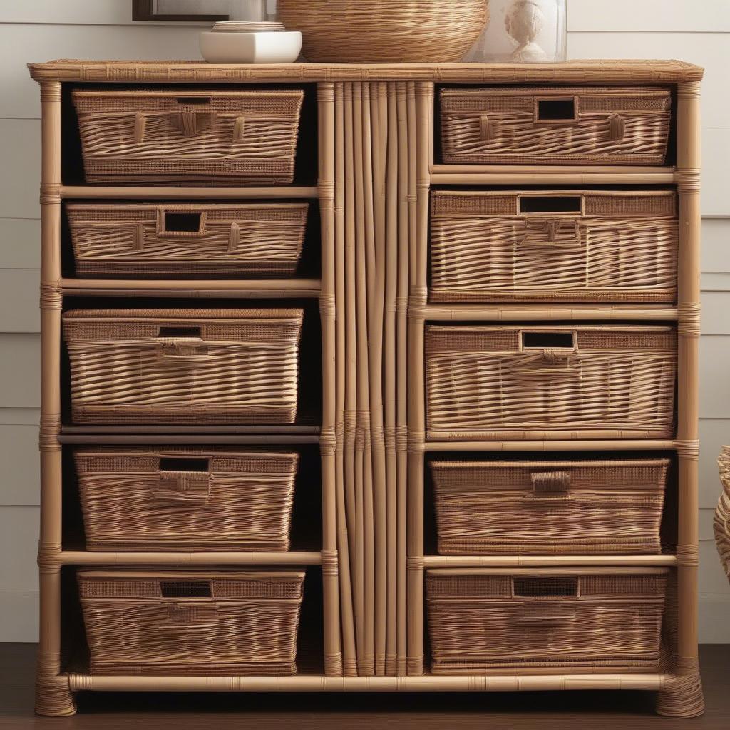 A montage of online retailers selling wicker trunk storage chests, showcasing different websites and product listings.