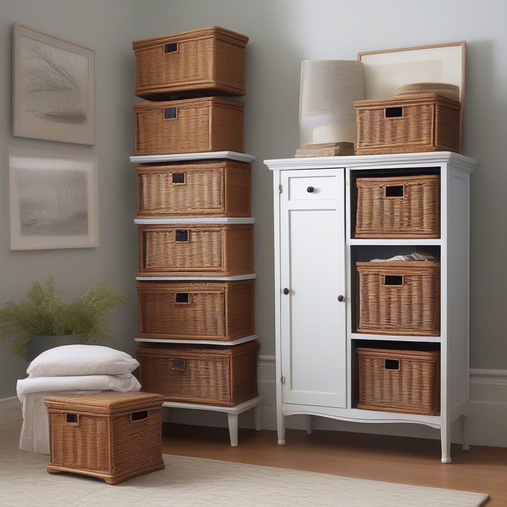 Wicker trunk storage chests in various sizes, showcasing small, medium, and large options, placed in different rooms of a house to illustrate their versatility.