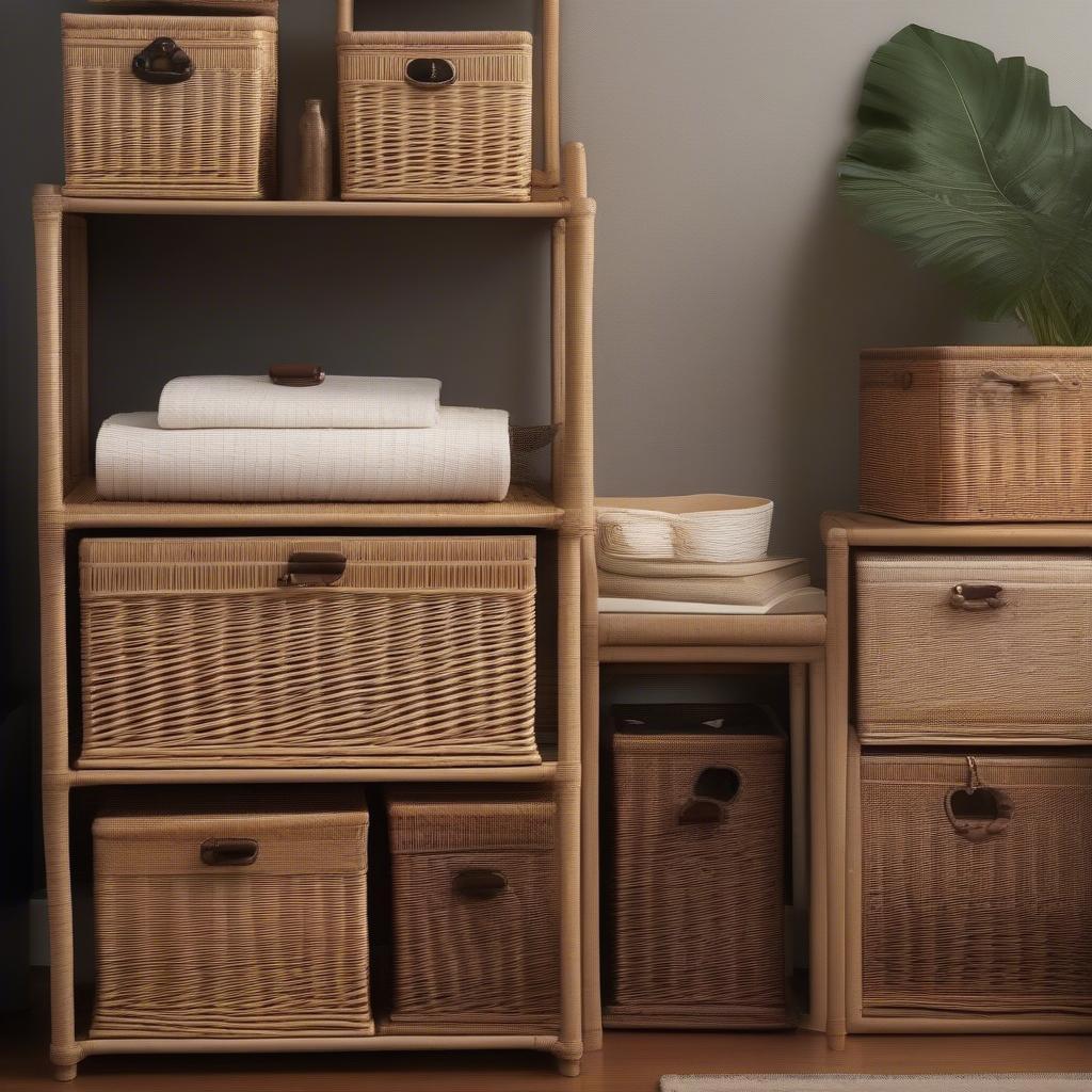 Different styles of wicker trunk storage chests, including traditional, modern, and bohemian designs, displayed in various room settings.