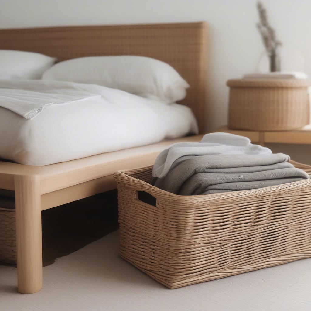 Wicker underbed storage baskets neatly organized under a bed in a minimalist bedroom.