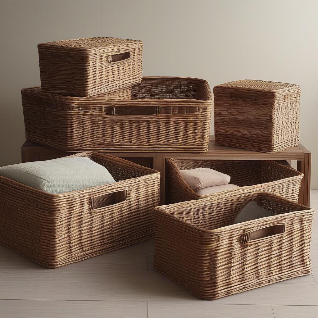 Variety of wicker underbed storage baskets showcasing different sizes, shapes, and styles.