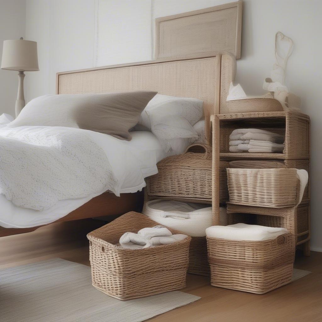 Wicker underbed storage baskets neatly organizing a bedroom, showcasing blankets, shoes, and off-season clothing.