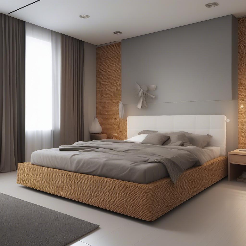 A modern bedroom featuring under bed wicker storage, demonstrating a stylish and practical storage solution.