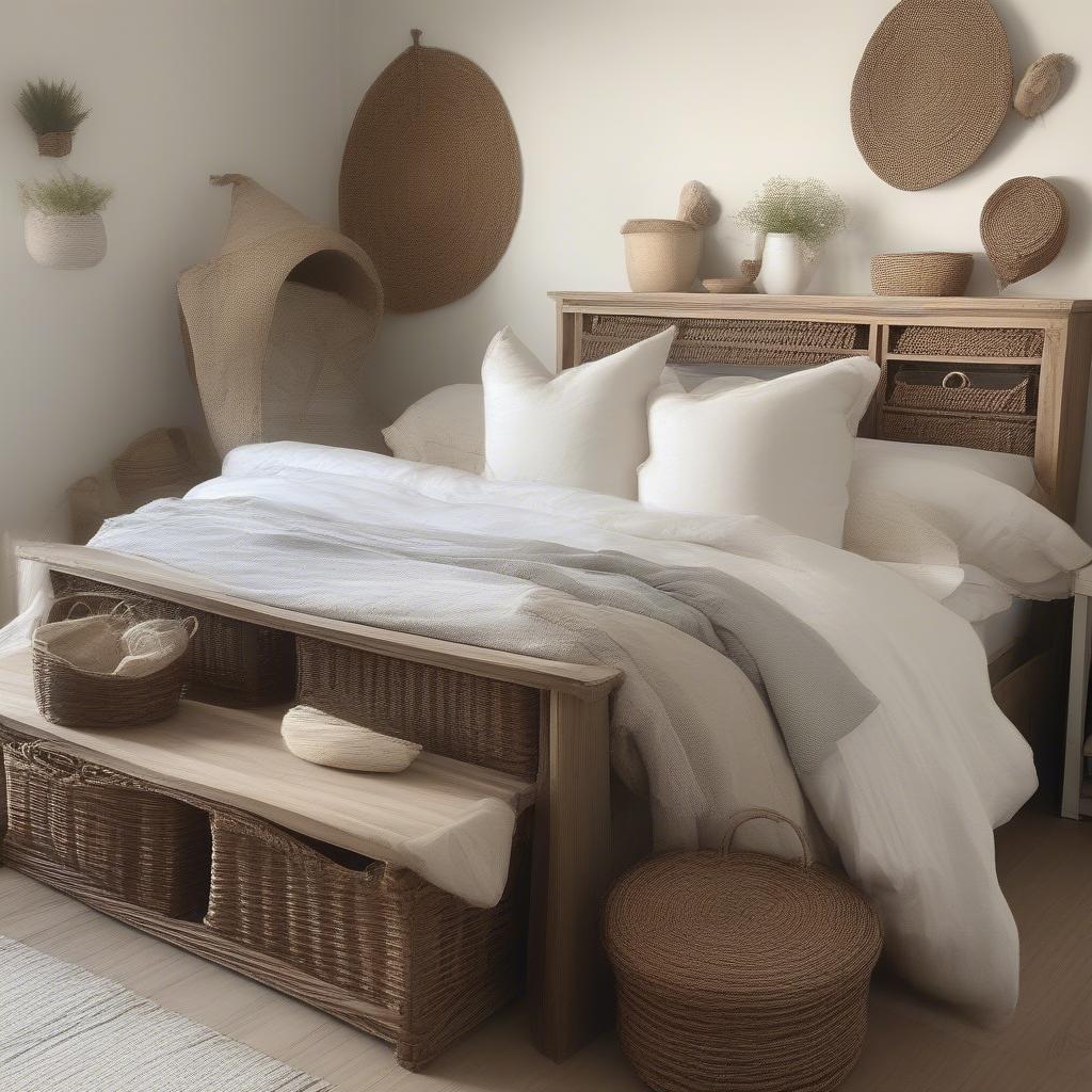 Wicker underbed storage baskets in a rustic-style bedroom, complementing the natural wood furniture and neutral color palette.