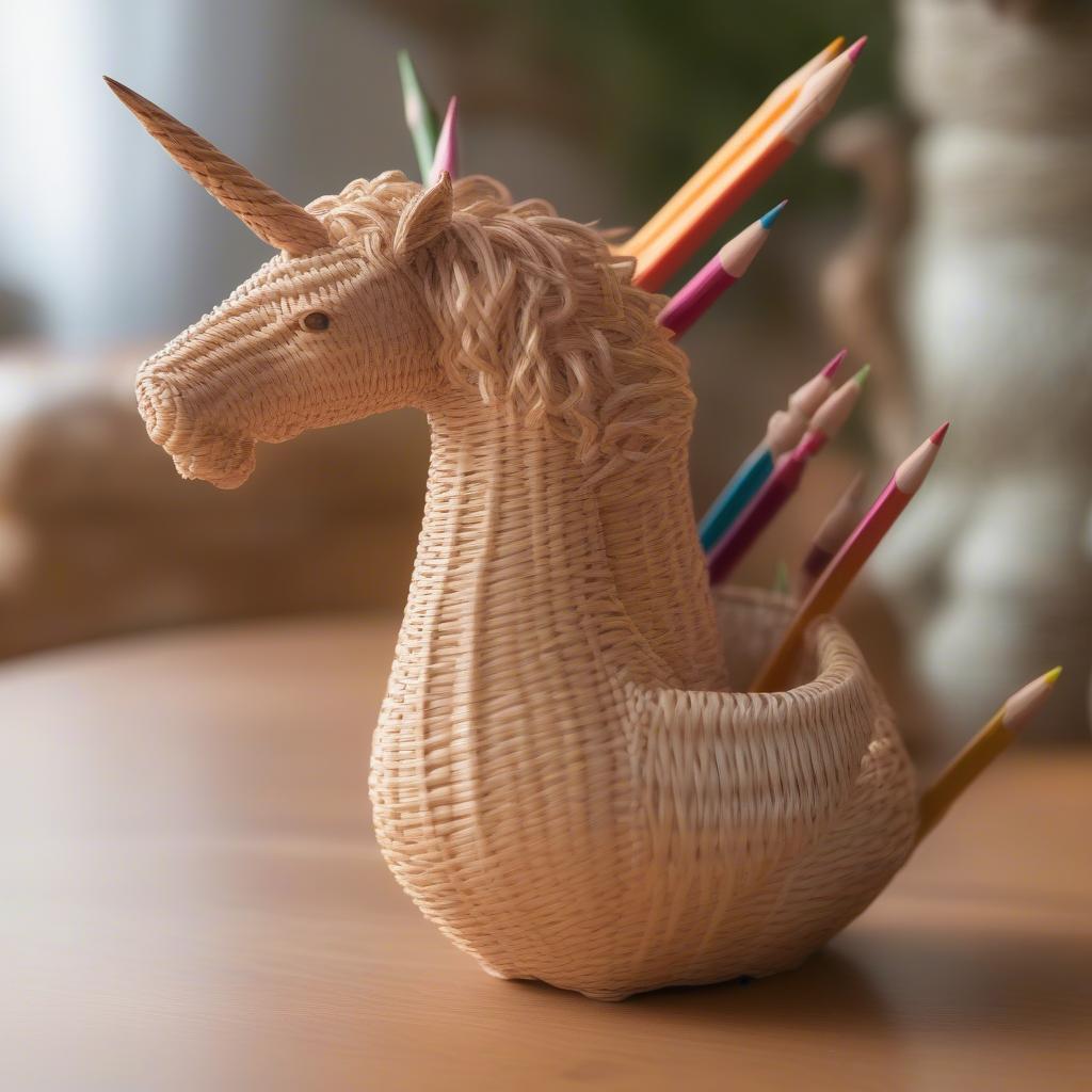 Close-up of a wicker unicorn pencil holder showcasing intricate weaving details.