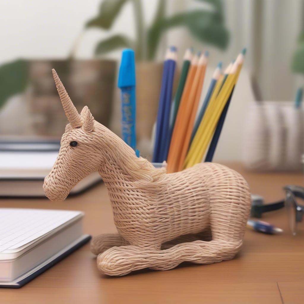 A wicker unicorn pencil holder placed on a desk, surrounded by other stationery items, demonstrating its practical use.