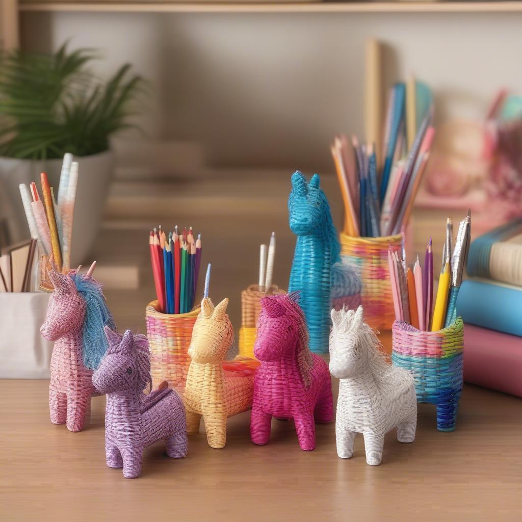 Various styles of wicker unicorn pencil holders, showcasing different sizes, colors and weaving patterns.