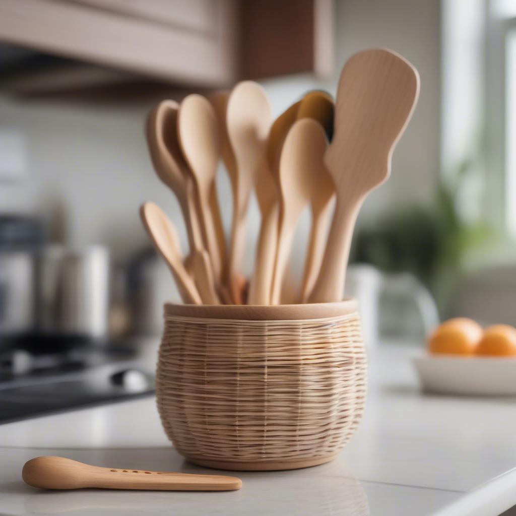 Wicker utensil holder on a kitchen counter, filled with various cooking utensils.