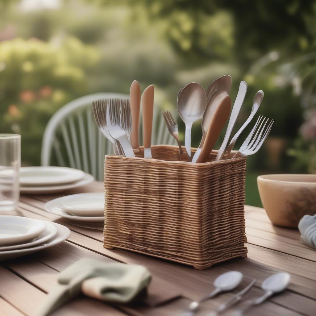 A wicker utensil holder on an outdoor dining table, filled with forks, knives, and spoons.