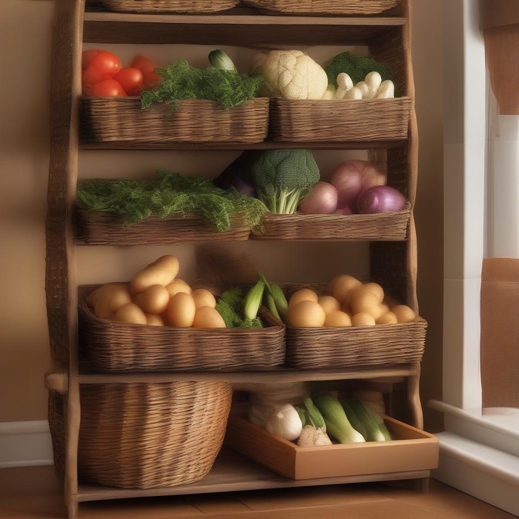 Wicker vegetable storage rack in a rustic kitchen setting, showcasing organized potatoes, onions, and garlic.