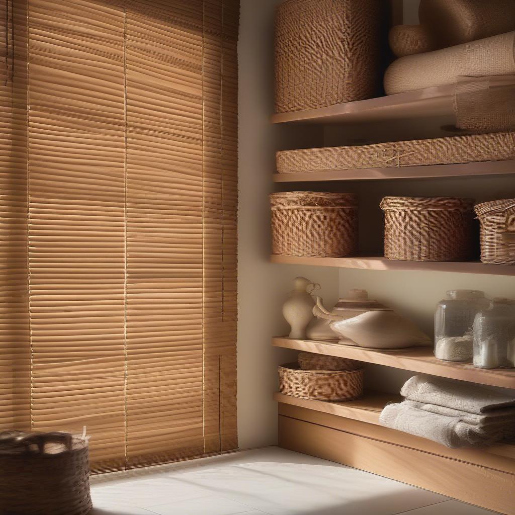 Wicker Venetian blinds covering garage shelving