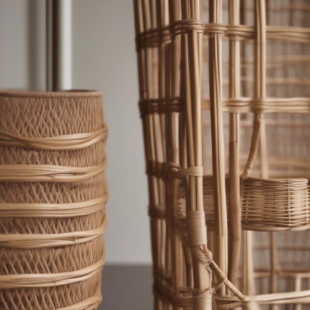 Comparison of wicker and rattan materials, showing the natural rattan vine and a woven wicker product.