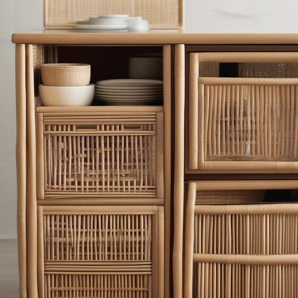 Comparison between a wicker and a rattan bar cabinet, highlighting the differences in material, weaving patterns, and overall appearance.