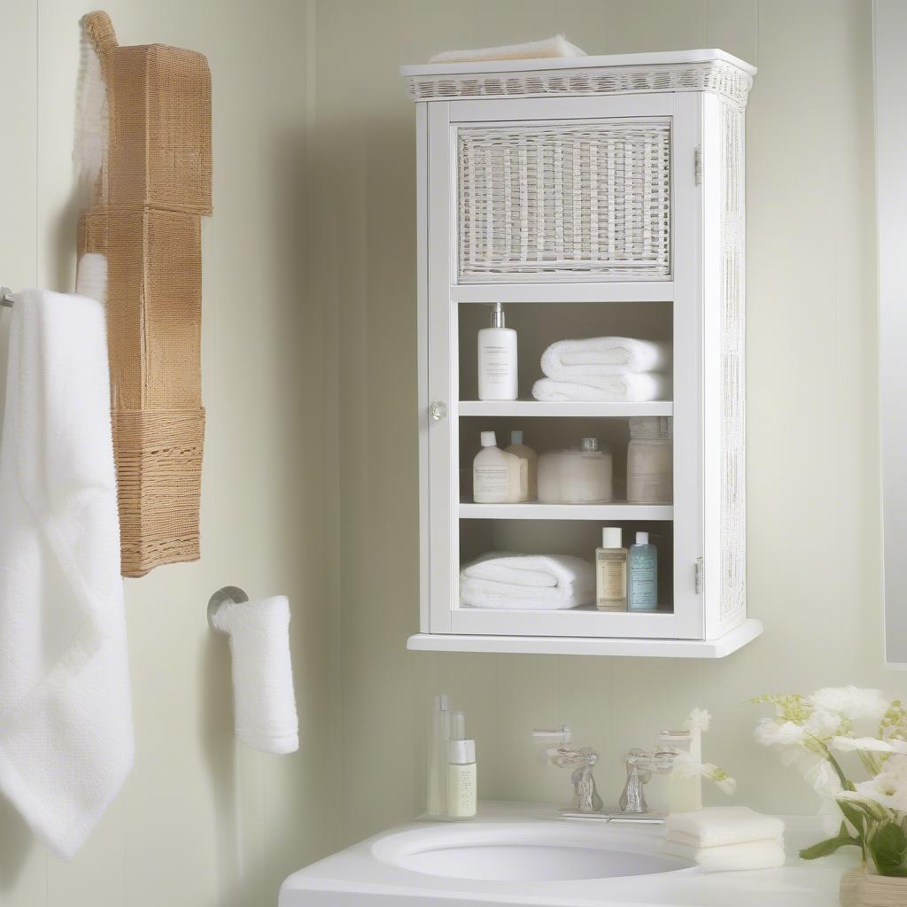 Wicker wall cabinet providing stylish storage in a bathroom setting