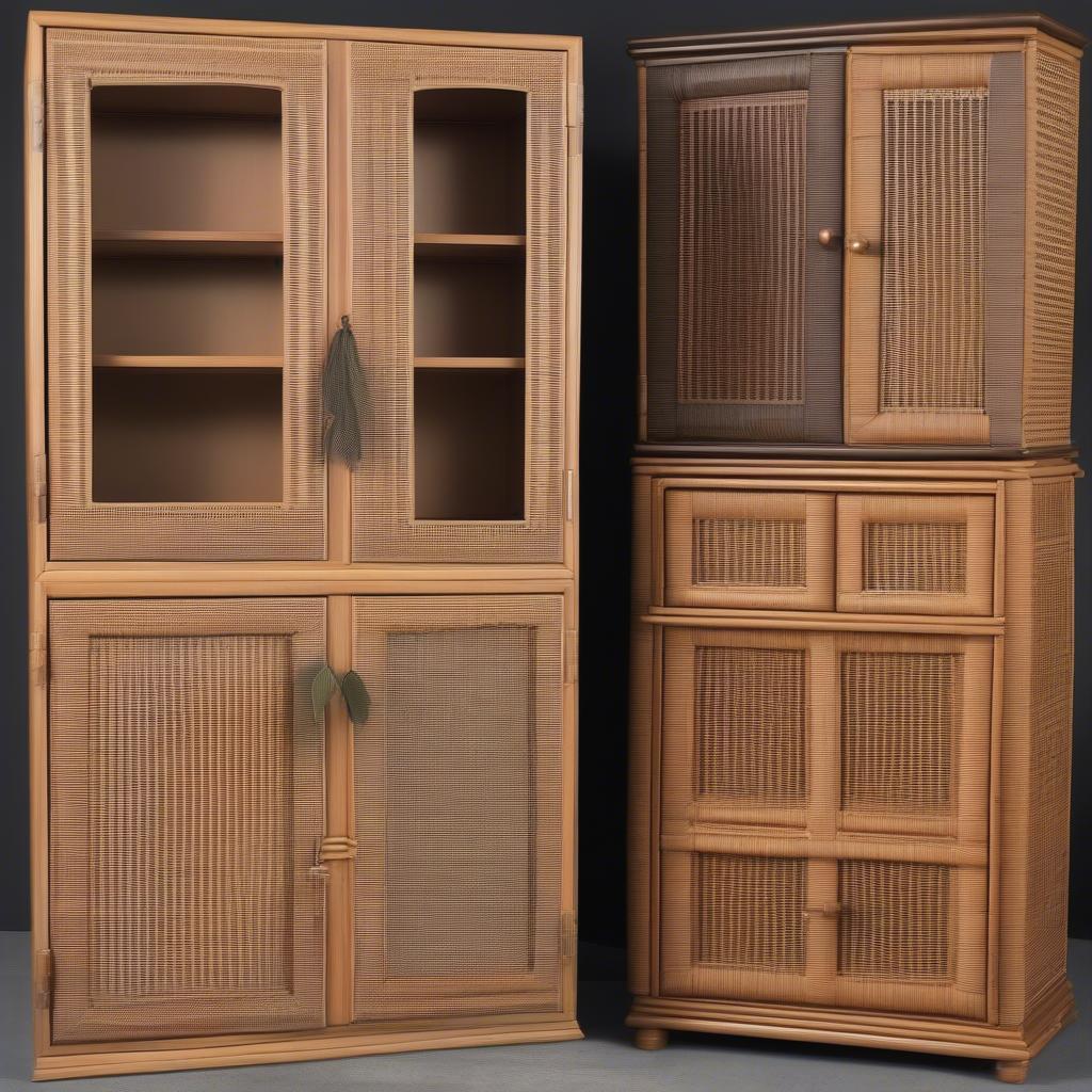 Different styles of wicker wall cabinets showcased side by side