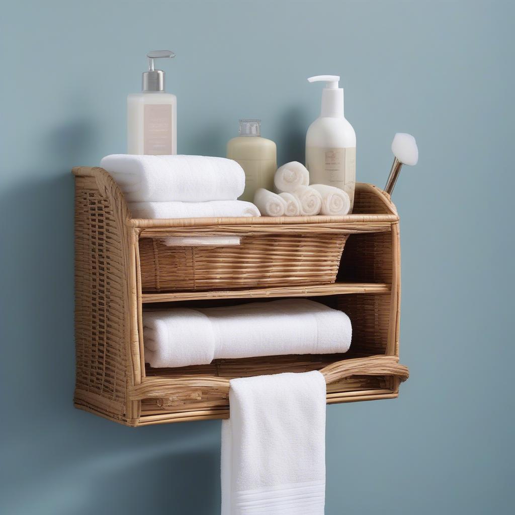 Wicker wall cabinet with towel bar in a modern bathroom, showcasing its storage capacity and towel rail.