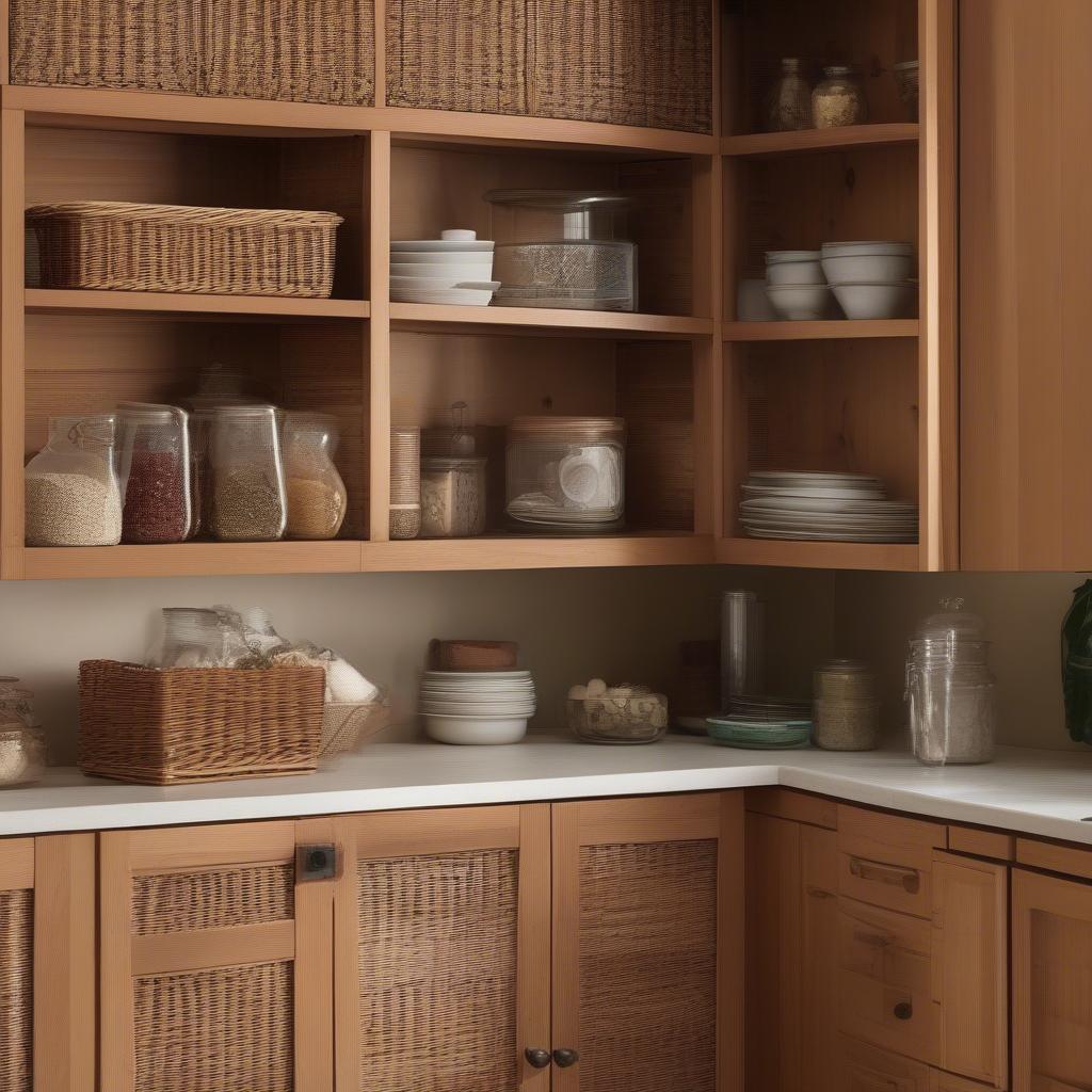 Wicker wall cabinets provide stylish and functional storage solutions for kitchen essentials, adding a touch of bohemian charm to the space.