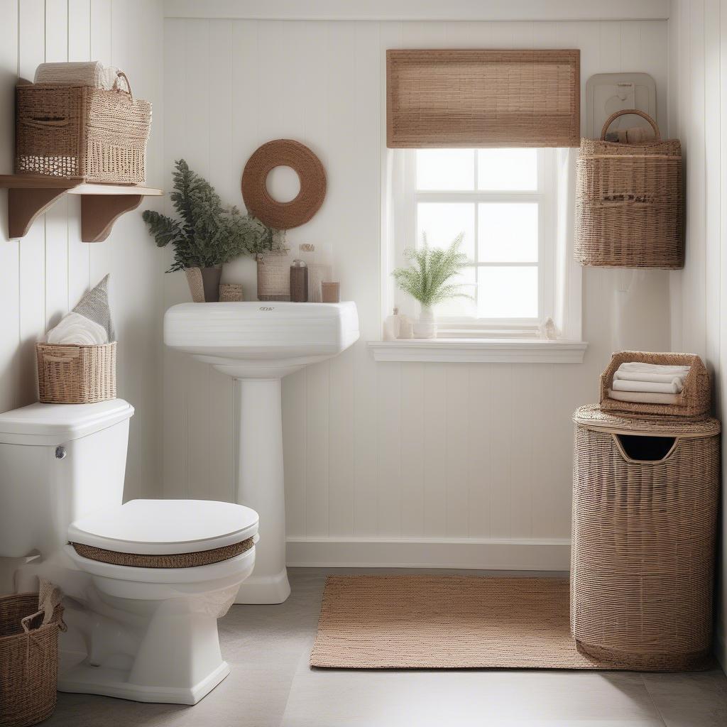 Wicker wall-mounted storage in a bathroom setting