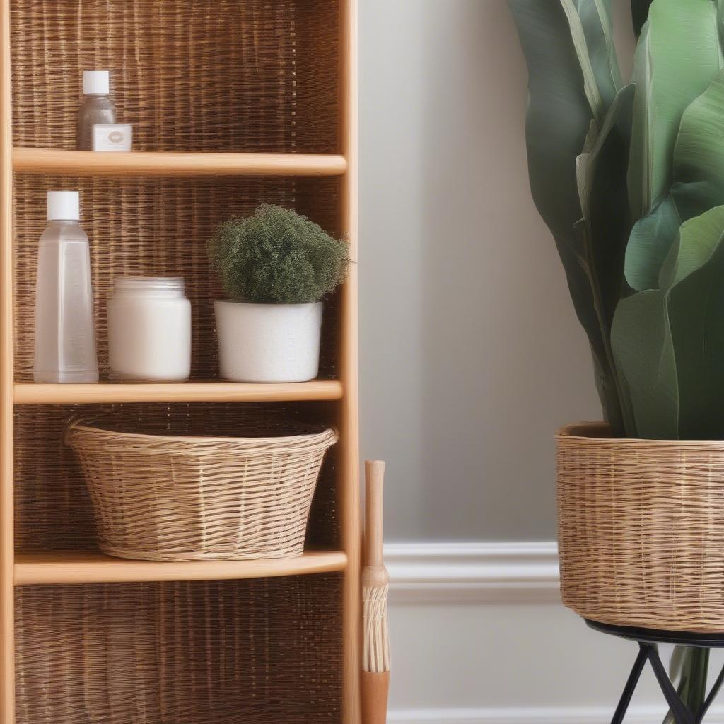 Cleaning and maintaining a wicker wall storage shelf with a soft brush and cleaning solution