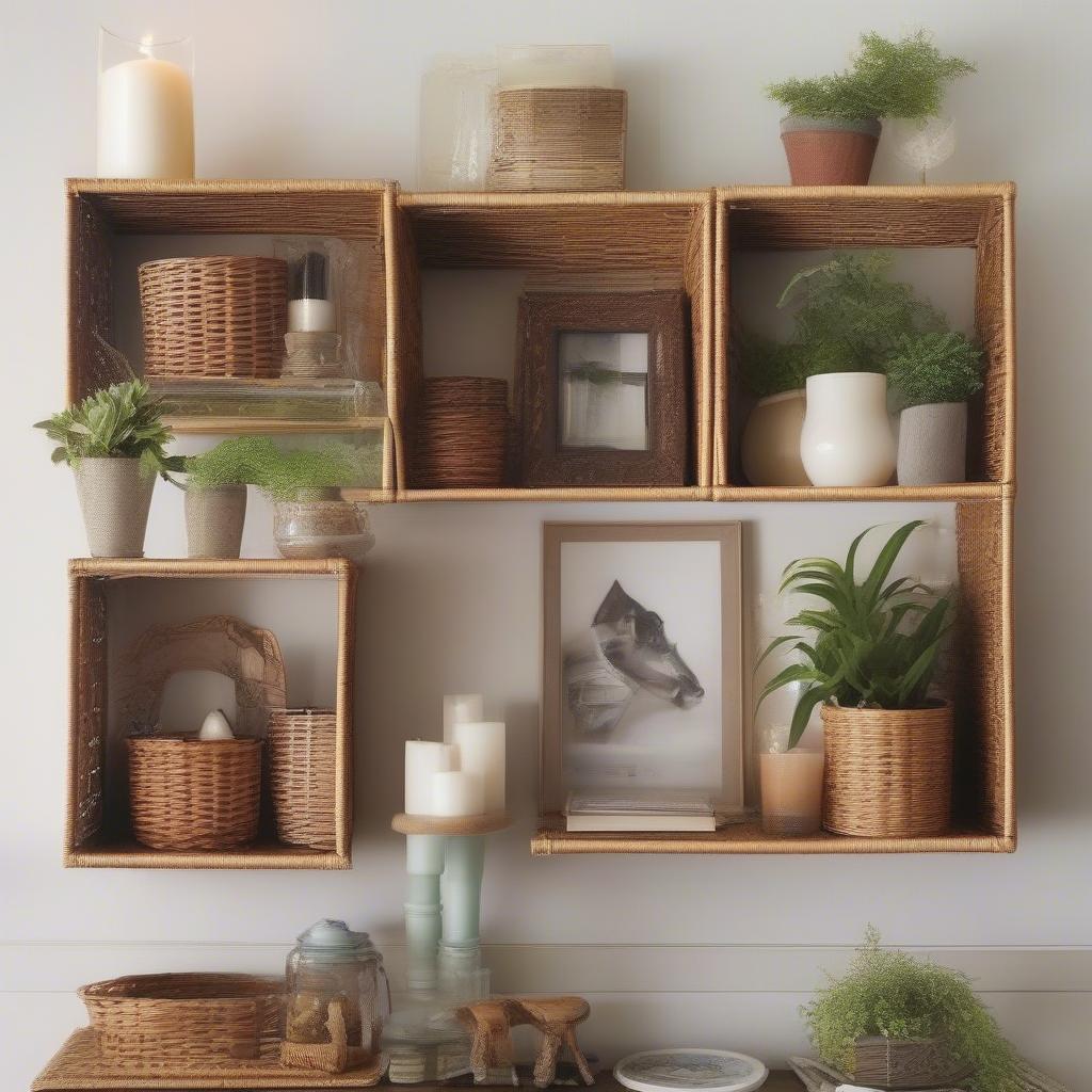 Decorating ideas for wicker wall storage shelves using plants, books, and decorative objects