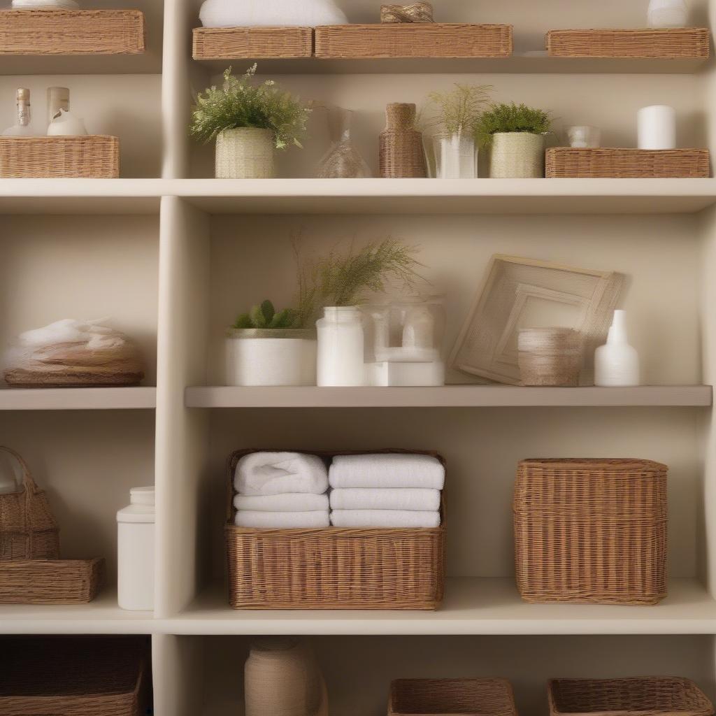 Variety of wicker wall storage shelves showing different sizes, shapes, and styles