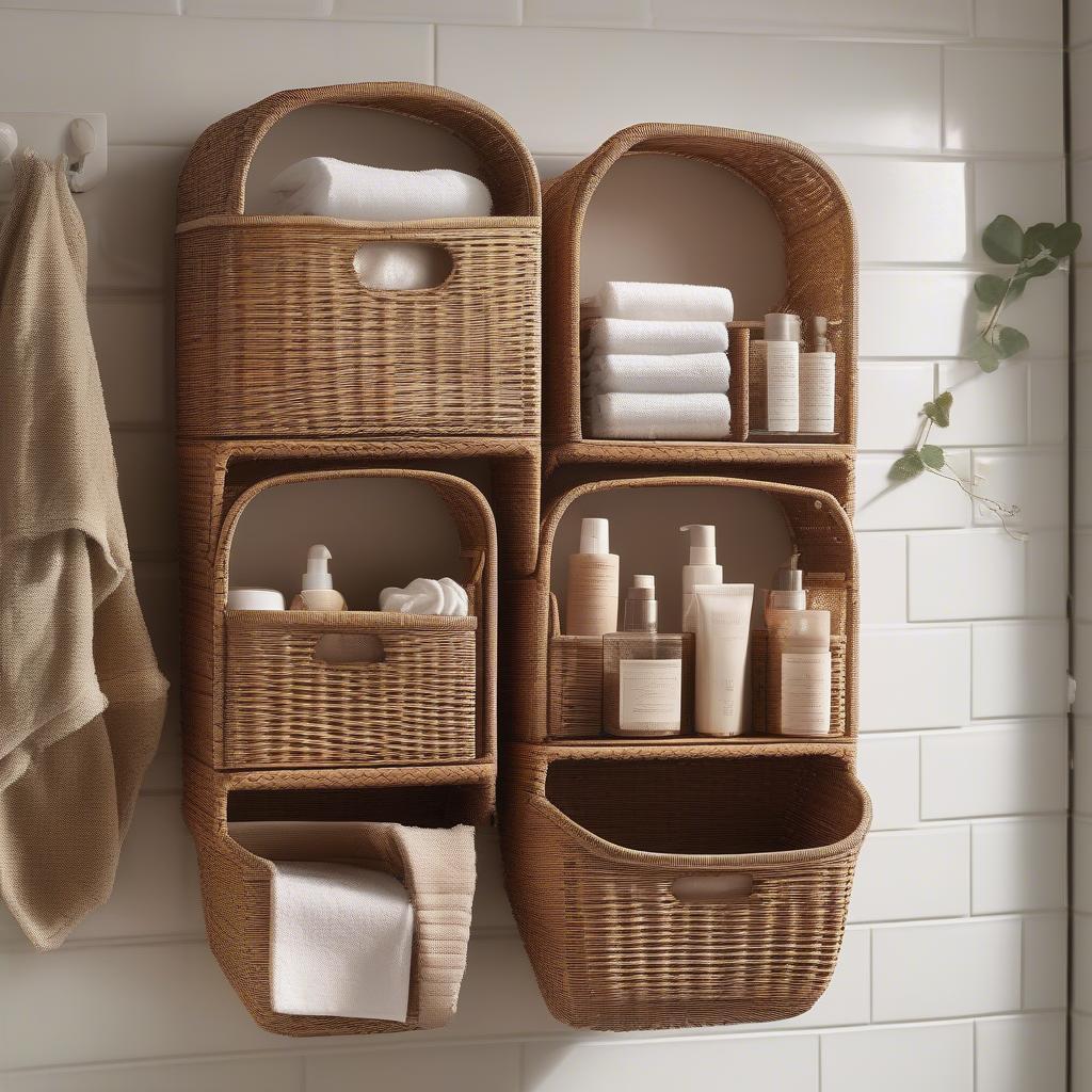 Wicker wall storage baskets in a bathroom setting