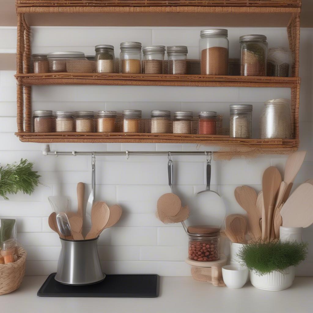 Wicker wall storage shelf in a kitchen