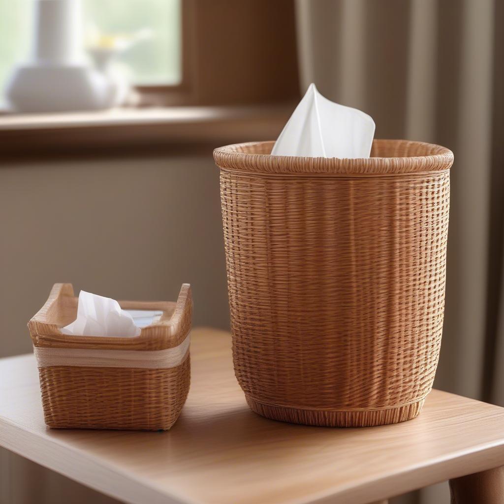 Wicker waste paper basket and matching kleenex holder set.