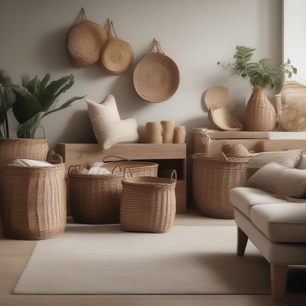 Wicker Weave Decorative Storage Baskets in a Living Room Setting