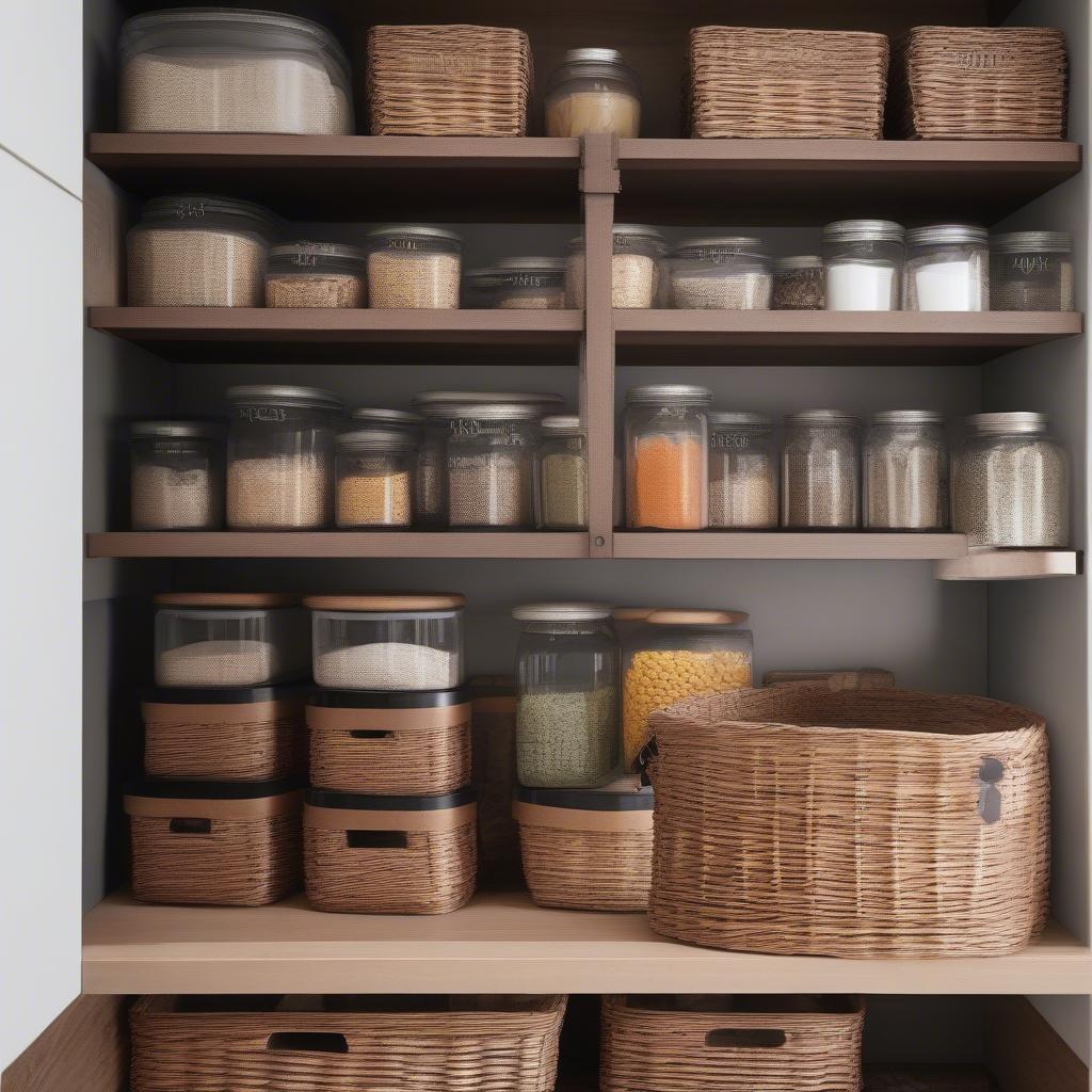 Wicker Weave Storage Baskets in a Kitchen Pantry