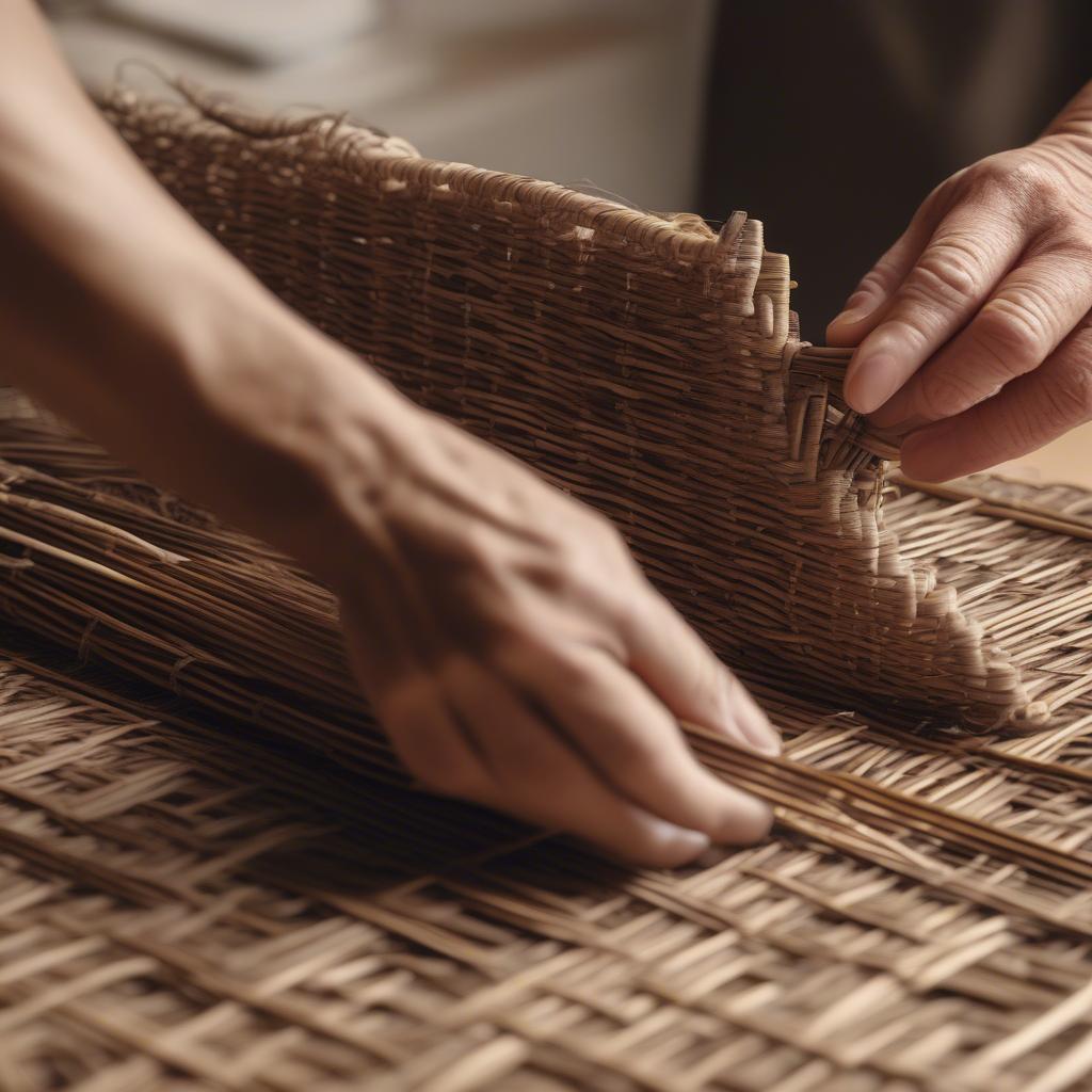 Close-up of wicker weaving process