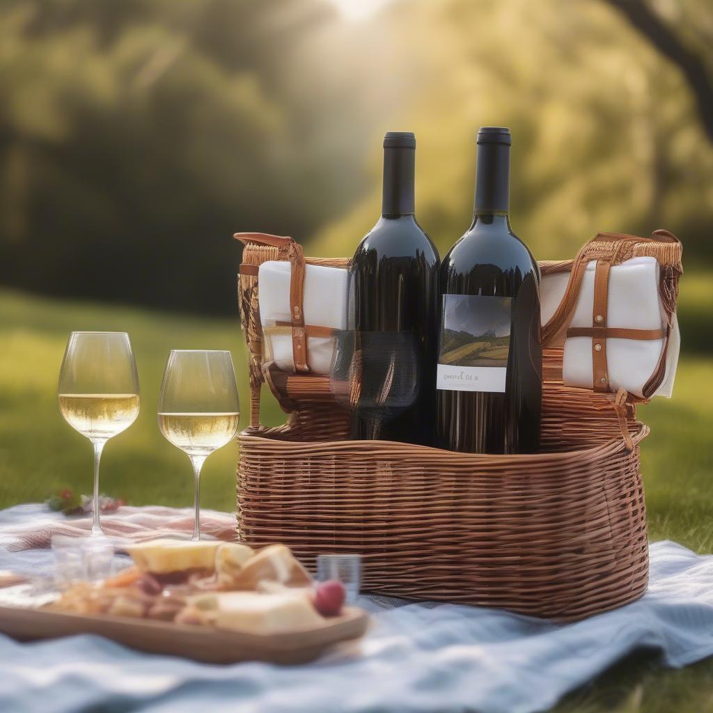 Wicker Wine Basket Holder at an Outdoor Picnic