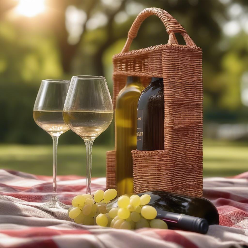 Wicker wine bottle holder with wine glass holder, perfect for picnics, featuring two wine glass slots and a secure bottle compartment, ideal for outdoor gatherings.