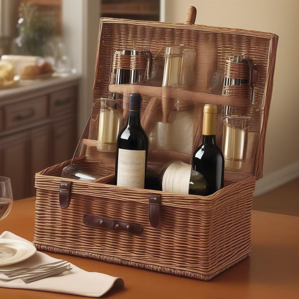 Different types of wicker wine bottle holders, including single, double, and picnic basket styles.