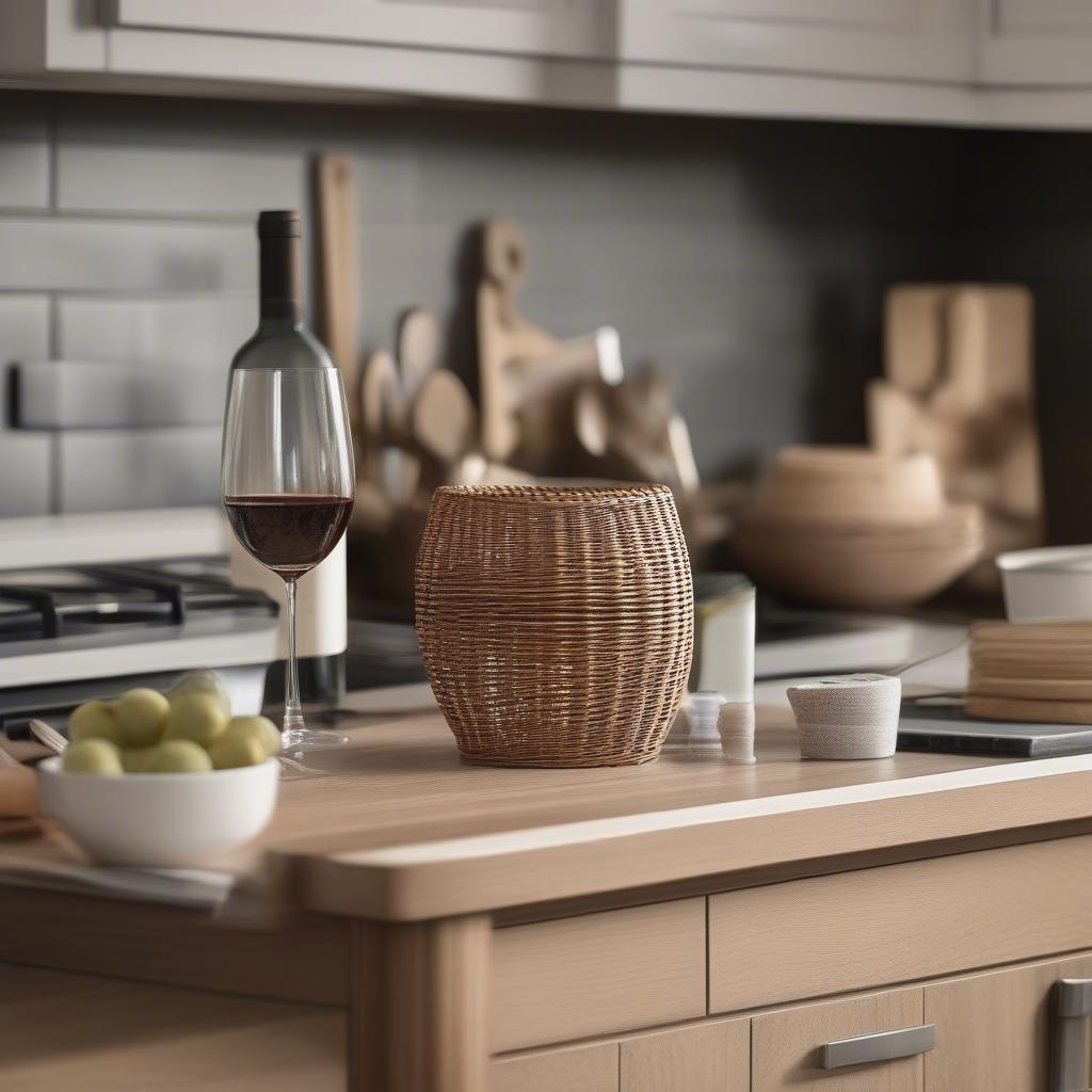 A wicker wine glass holder displayed in a modern kitchen, showcasing its integration into a contemporary setting and how it complements the overall decor.