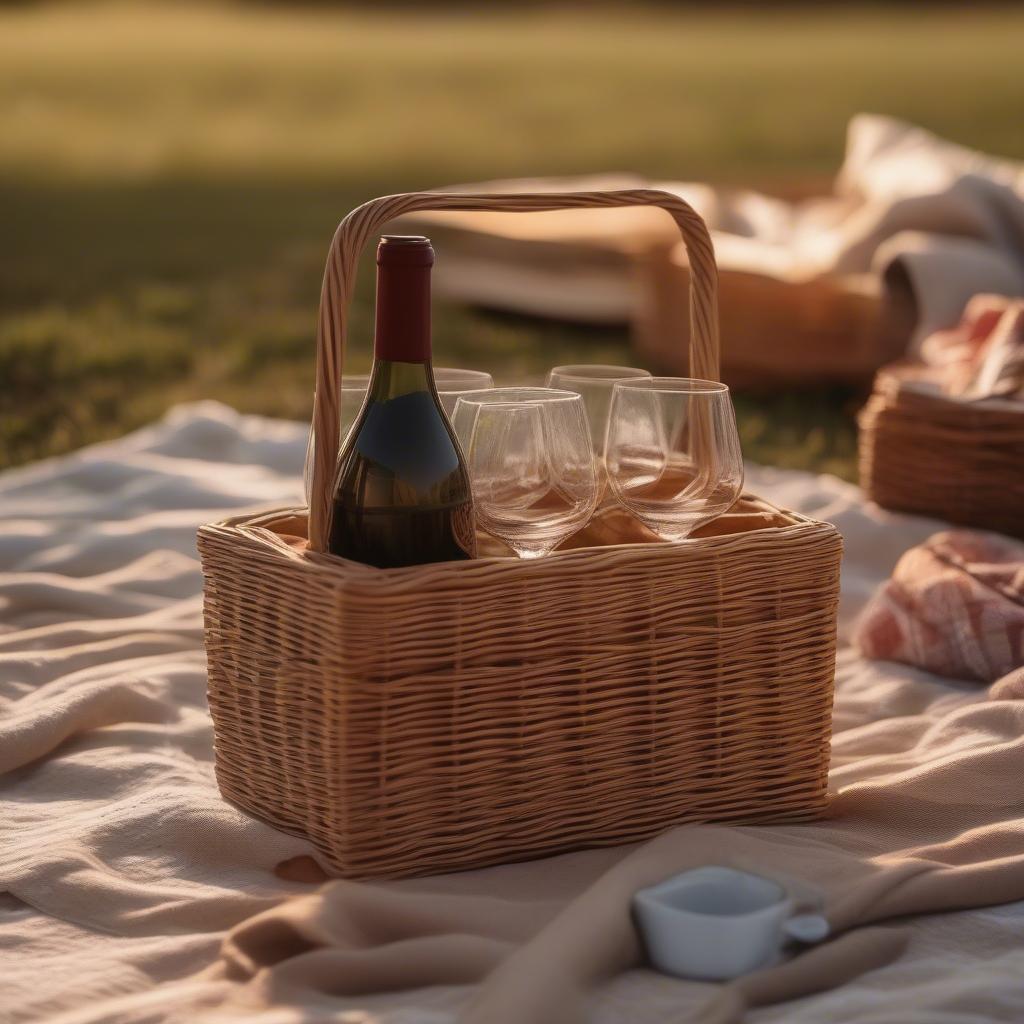 Wicker wine glass holder used during an outdoor picnic setting, showcasing its practicality and aesthetic appeal.