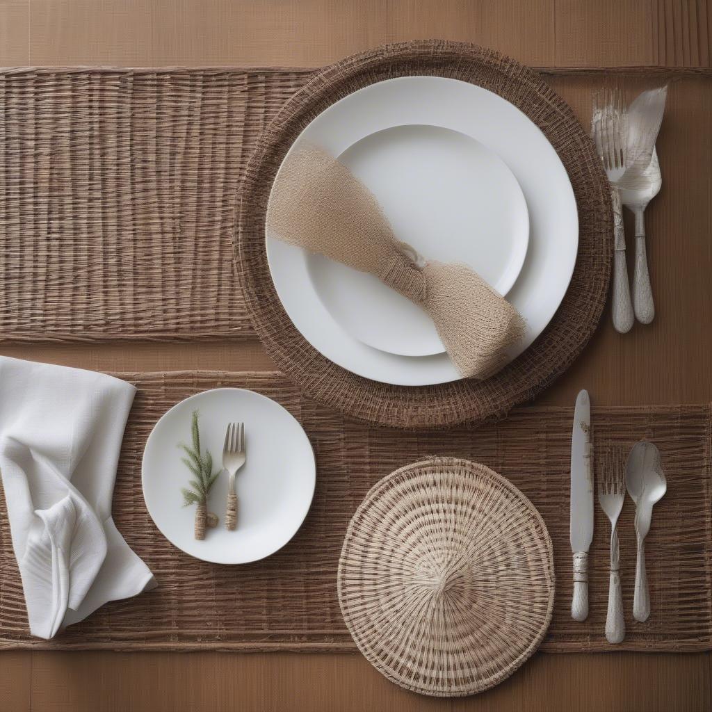 Wicker woven placemats on a natural wood table setting with white plates and silverware.