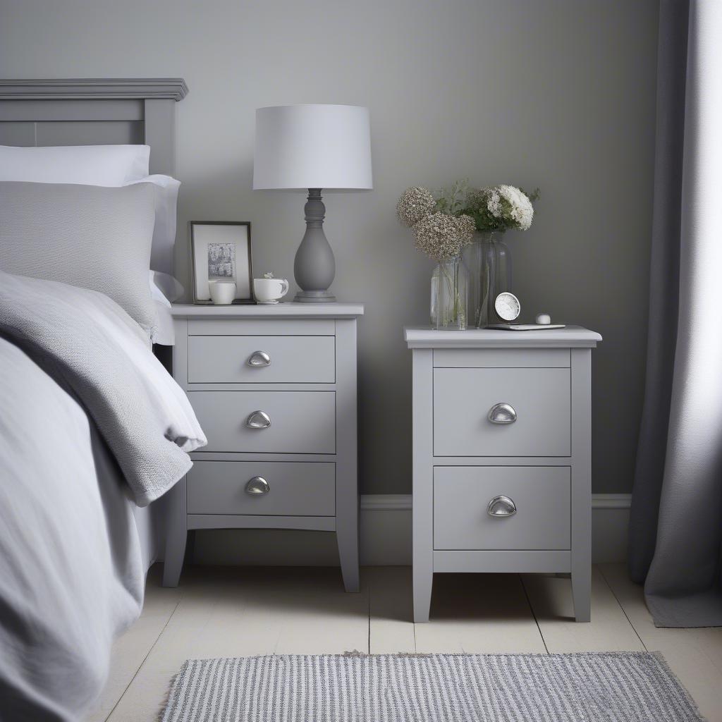 Grey painted wickes bedside cabinet with two drawers and metal knobs