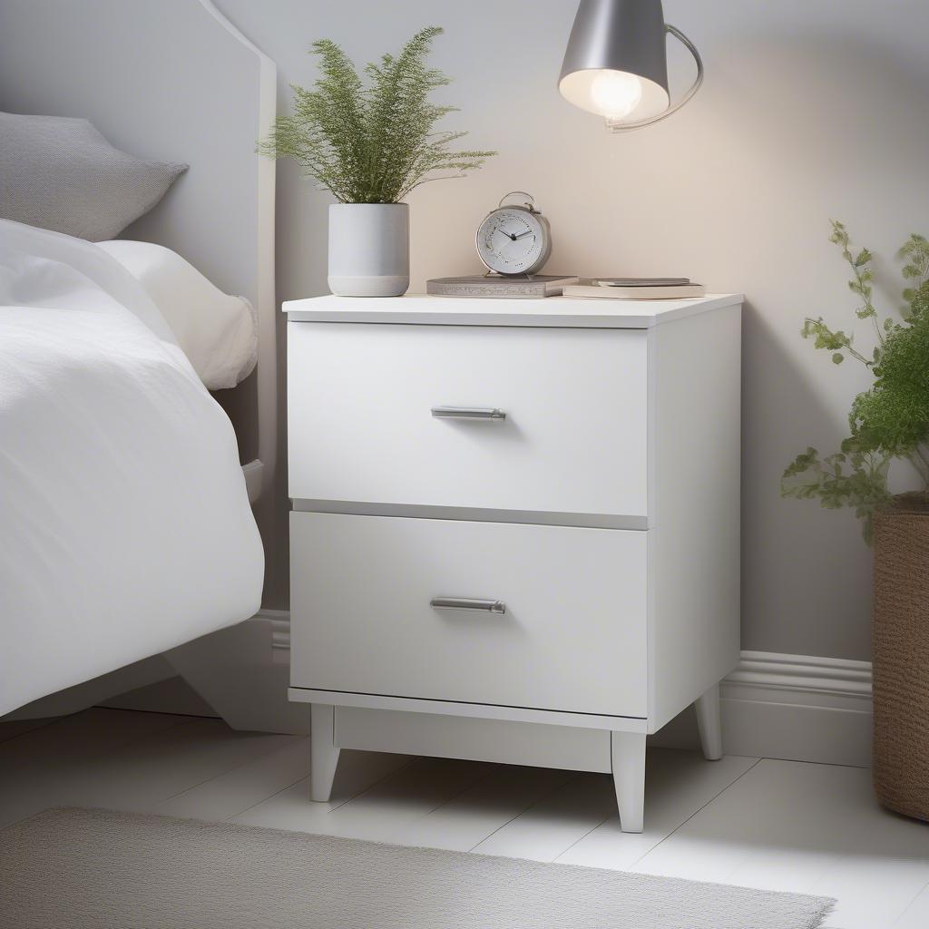 Modern white wickes bedside cabinet with two drawers and sleek metal handles