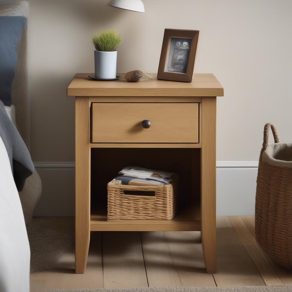 Rustic oak wickes bedside table with single drawer and open shelf