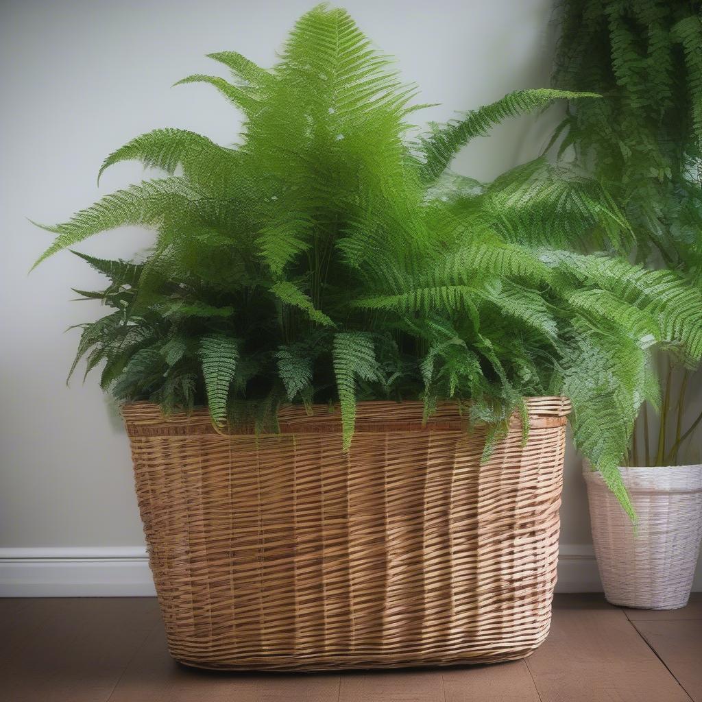 Windermere wicker lined storage basket used as a planter