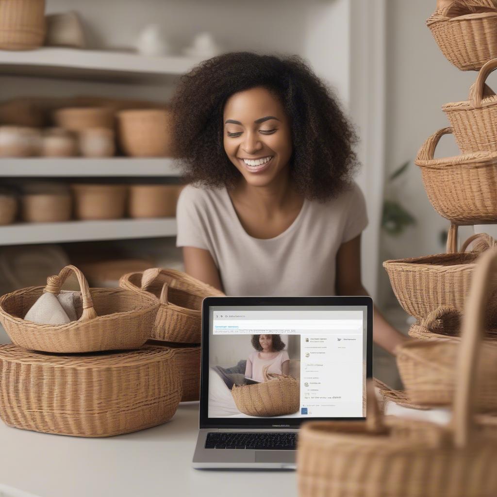 Woman browsing small wicker baskets on Joann.com