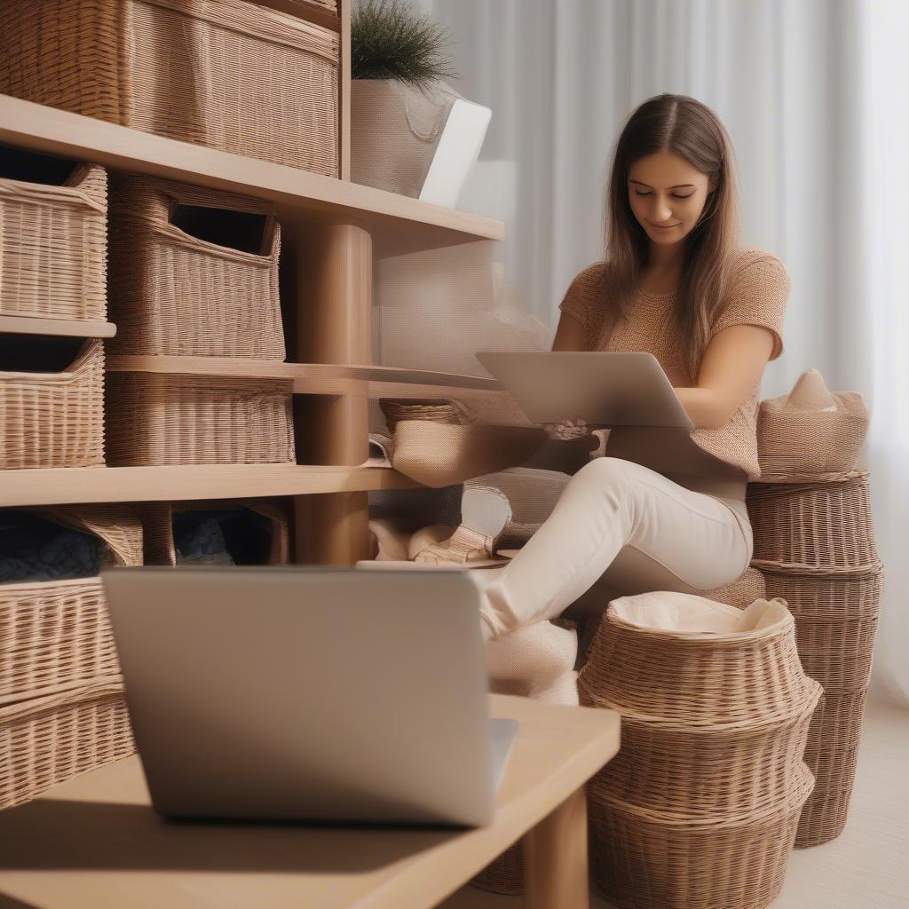 Woman Shopping for Wicker Storage Bins Online