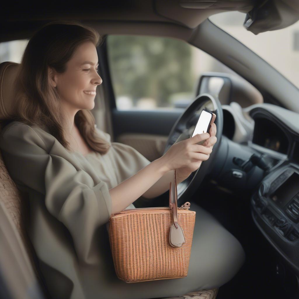 Woman Accessing Her Purse in Car Using a Wicker Purse Holder