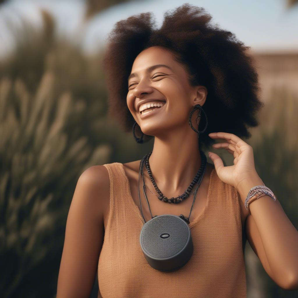 A woman wearing a woven wicker necklace with a Bose speaker, enjoying music outdoors.