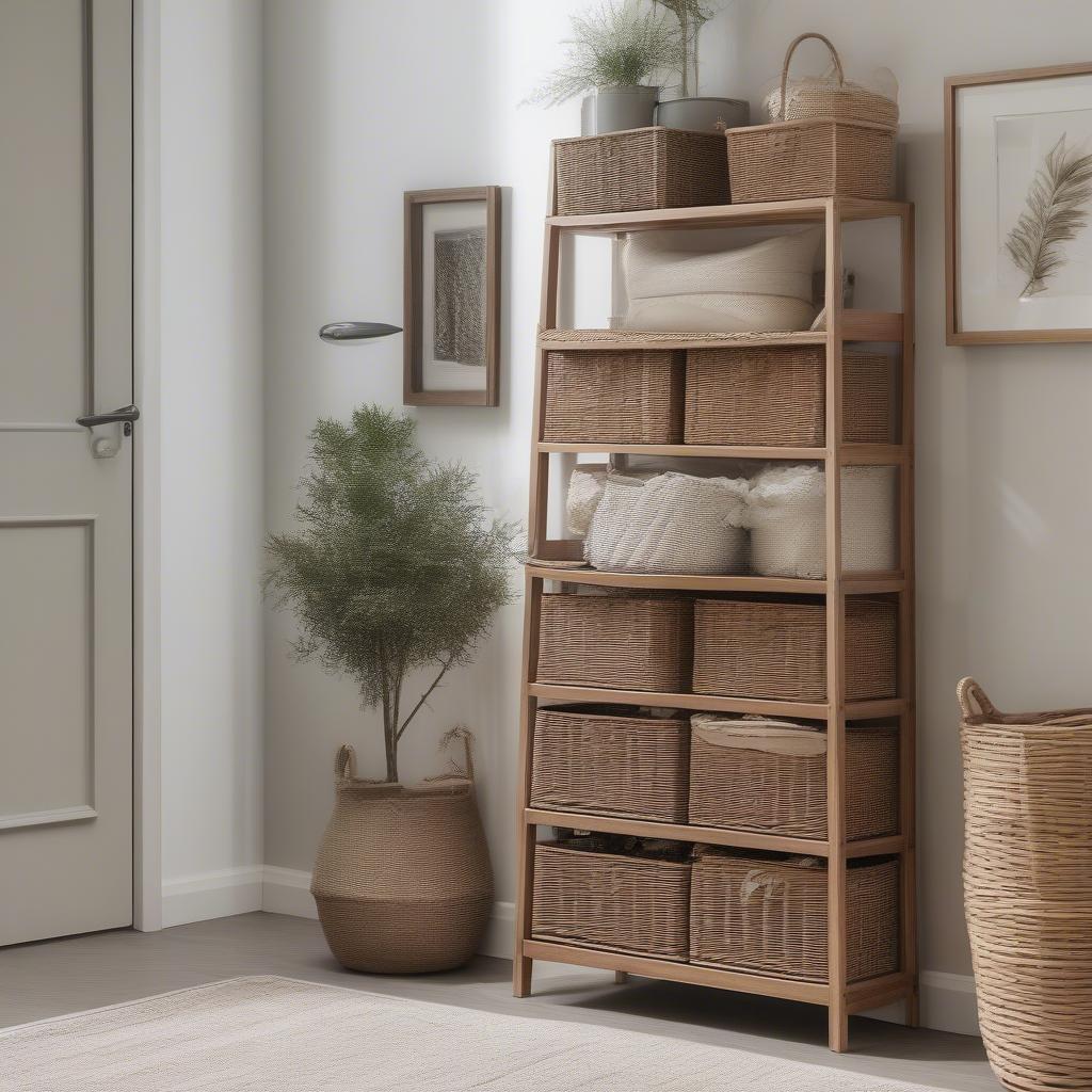 Multi-tiered Wood and Wicker Shelving Unit