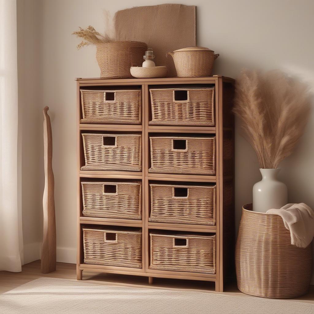 Wood cabinet with 4 wicker baskets in a living room setting