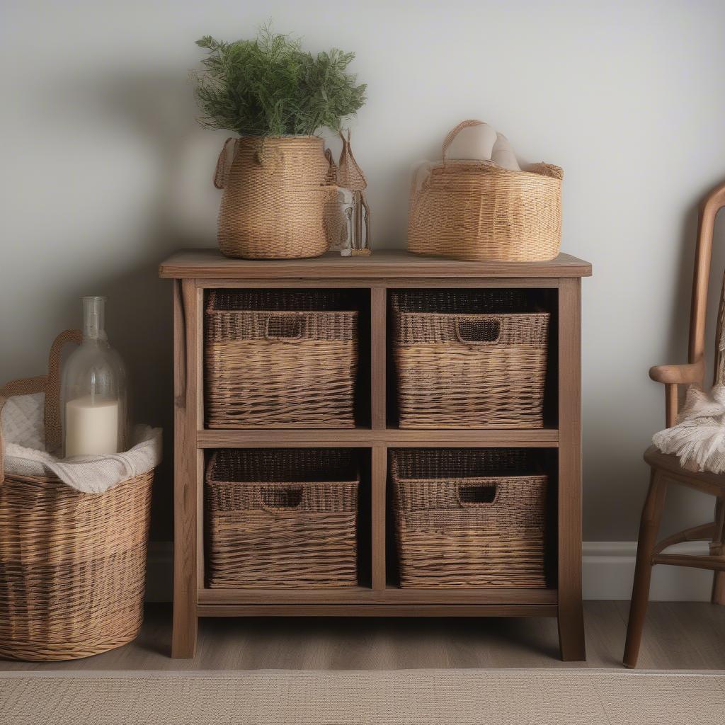 Stylish Wood Cabinet with Wicker Storage