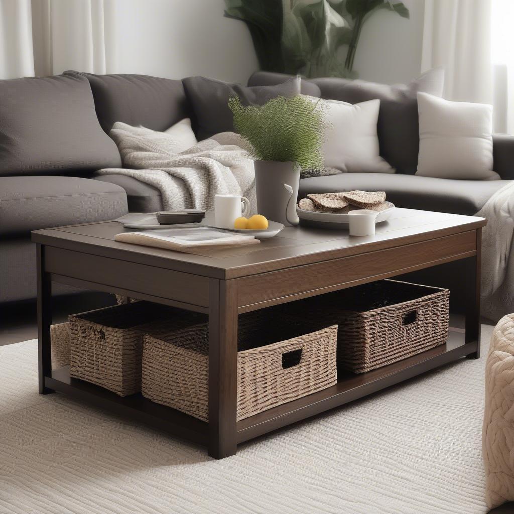 Wood Coffee Table with Wicker Storage